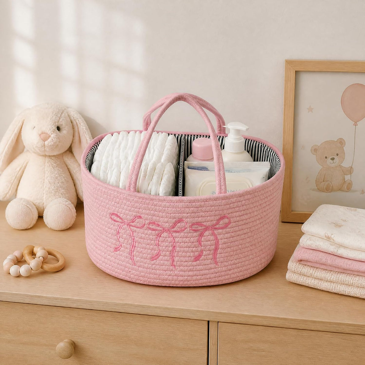 Baby Caddy Organizer, Cotton Rope Baby Diaper Caddy with 3 Compartments Hand-Braided Pink Nursery Storage Basket with Bow Embroidery Newborn Essentials Gift (Pink)