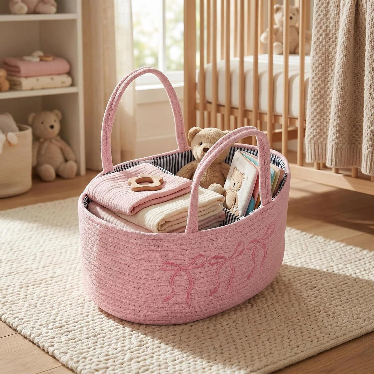 Baby Caddy Organizer, Cotton Rope Baby Diaper Caddy with 3 Compartments Hand-Braided Pink Nursery Storage Basket with Bow Embroidery Newborn Essentials Gift (Pink)