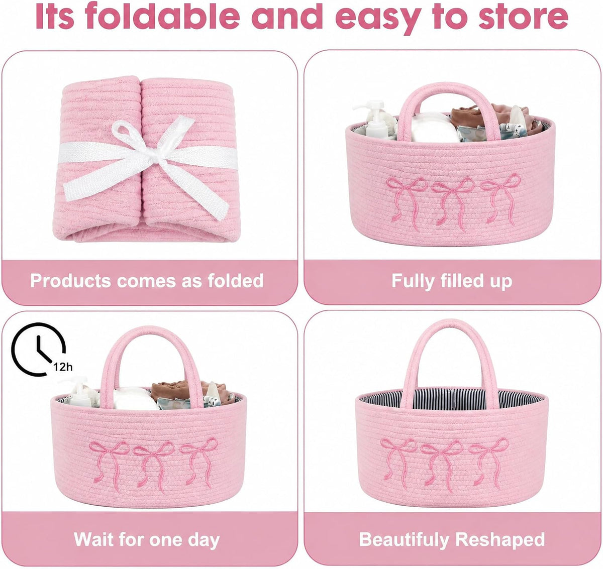 Baby Caddy Organizer, Cotton Rope Baby Diaper Caddy with 3 Compartments Hand-Braided Pink Nursery Storage Basket with Bow Embroidery Newborn Essentials Gift (Pink)