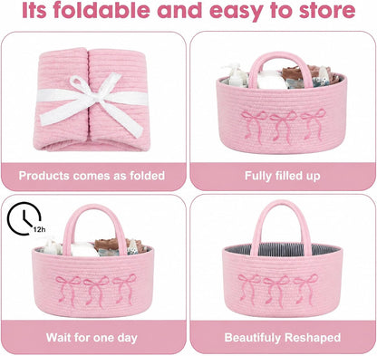 Baby Caddy Organizer, Cotton Rope Baby Diaper Caddy with 3 Compartments Hand-Braided Pink Nursery Storage Basket with Bow Embroidery Newborn Essentials Gift (Pink)