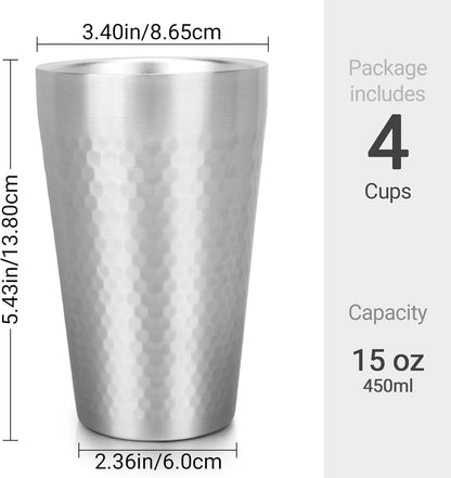 Stainless Steel Cups 16 oz, 4 Pack Stainless Steel Tumbler Stackable Double Wall Vacuum Insulated Metal Drinking Glasses for Home Restaurant Ofiice Party Camping