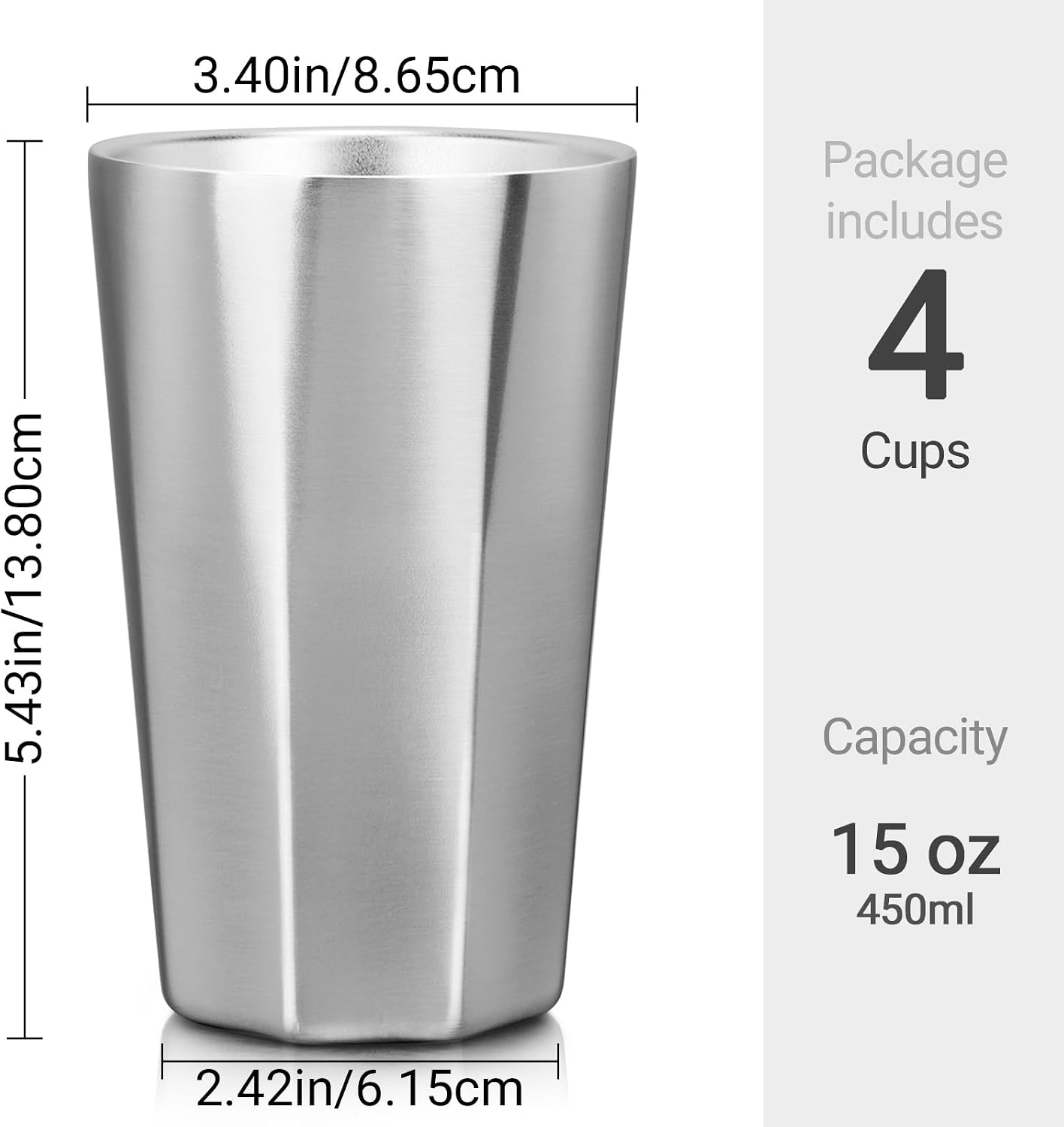 Stainless Steel Cups 16 oz, 4 Pack Stainless Steel Tumbler Stackable Double Wall Vacuum Insulated Metal Drinking Glasses for Home Restaurant Ofiice Party Camping