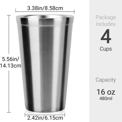 Stainless Steel Cups 16 oz, 4 Pack Stainless Steel Tumbler Stackable Double Wall Vacuum Insulated Metal Drinking Glasses for Home Restaurant Ofiice Party Camping