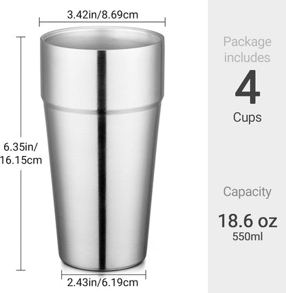 Stainless Steel Cups 16 oz, 4 Pack Stainless Steel Tumbler Stackable Double Wall Vacuum Insulated Metal Drinking Glasses for Home Restaurant Ofiice Party Camping