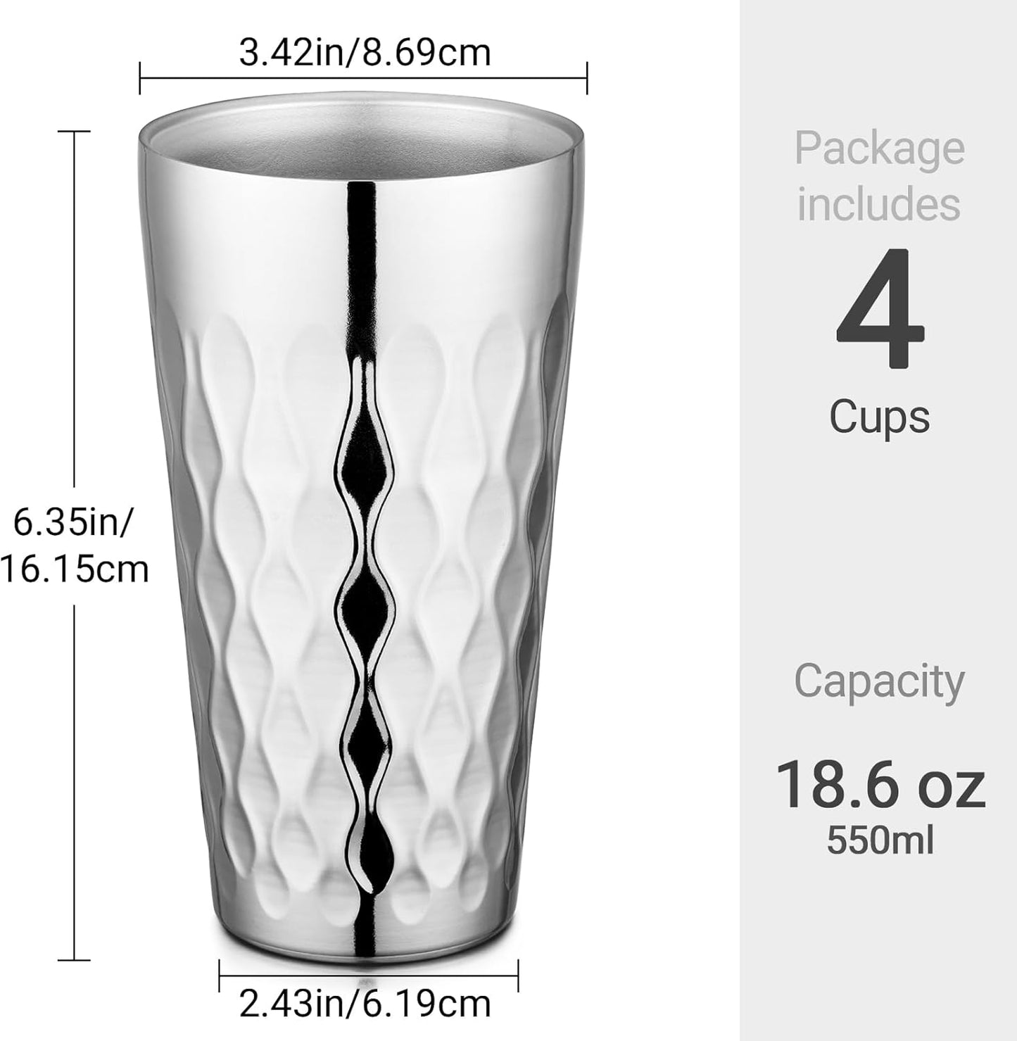 Stainless Steel Cups 16 oz, 4 Pack Stainless Steel Tumbler Stackable Double Wall Vacuum Insulated Metal Drinking Glasses for Home Restaurant Ofiice Party Camping