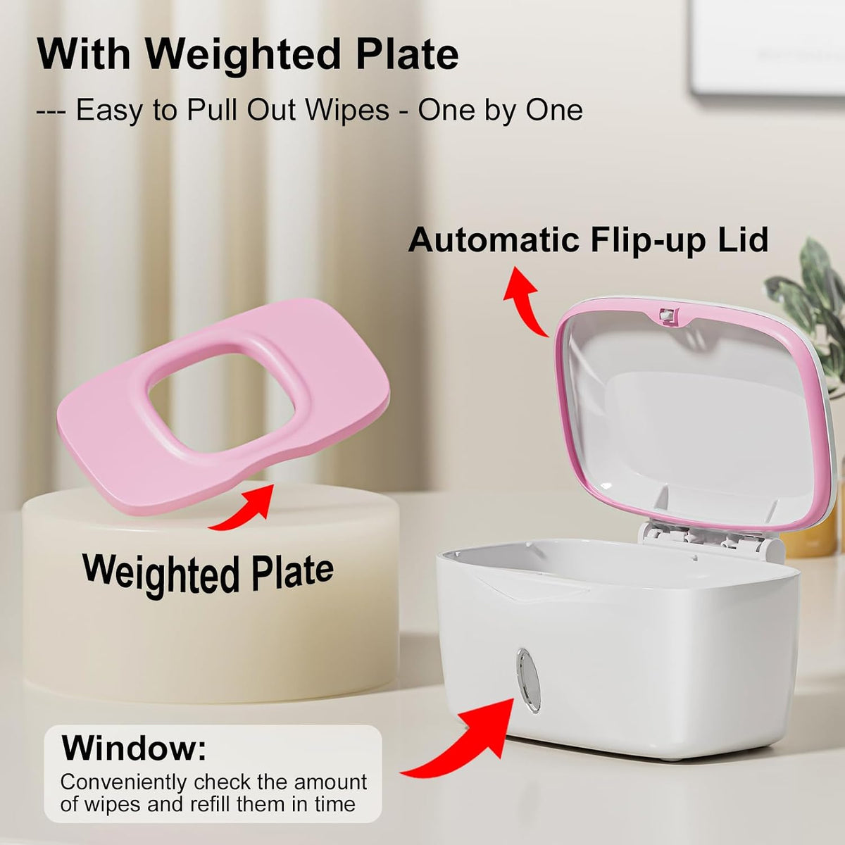 Wipes Dispenser with Weighted Plate, X2 PRO, Perfect Pull Baby Wipe Holder, Refillable Wipe Container, Keeps Wipes Fresh, One-Handed Operation. Non-Slip, Easy Open/Close Wipes Case, Pink