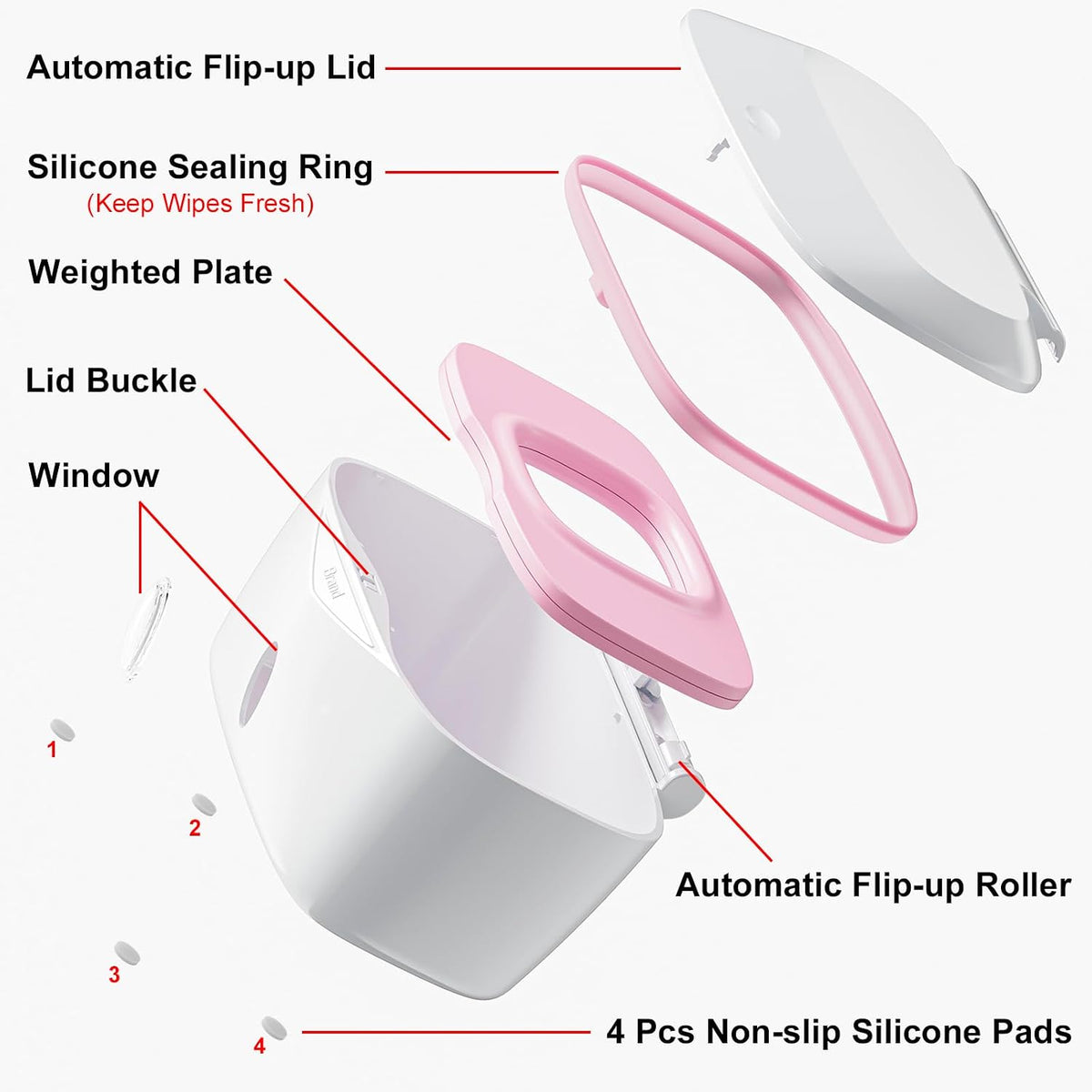 Wipes Dispenser with Weighted Plate, X2 PRO, Perfect Pull Baby Wipe Holder, Refillable Wipe Container, Keeps Wipes Fresh, One-Handed Operation. Non-Slip, Easy Open/Close Wipes Case, Pink