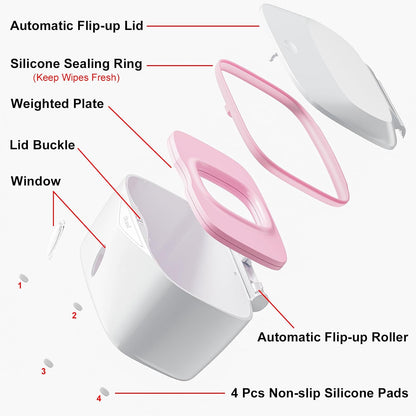 Wipes Dispenser with Weighted Plate, X2 PRO, Perfect Pull Baby Wipe Holder, Refillable Wipe Container, Keeps Wipes Fresh, One-Handed Operation. Non-Slip, Easy Open/Close Wipes Case, Pink