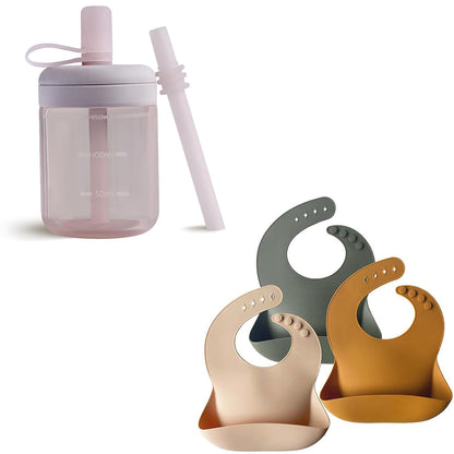 Baby Straw Cup & Silicone Bibs Set | 5oz Toddler Sippy Cup with Straw Lid + 3-Pack BPA-Free Soft Waterproof Bibs | Baby-Led Weaning Essentials for 6 Months+ | Drop-Proof, Adjustable Fit