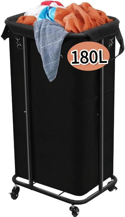 180L Laundry Basket with Wheels, Rolling Laundry Basket with Removable Bag and Metal Frame,Large Tall Laundry Hamper for Bedroom,Laundry Room,Hotel Laundry Organization(Black)