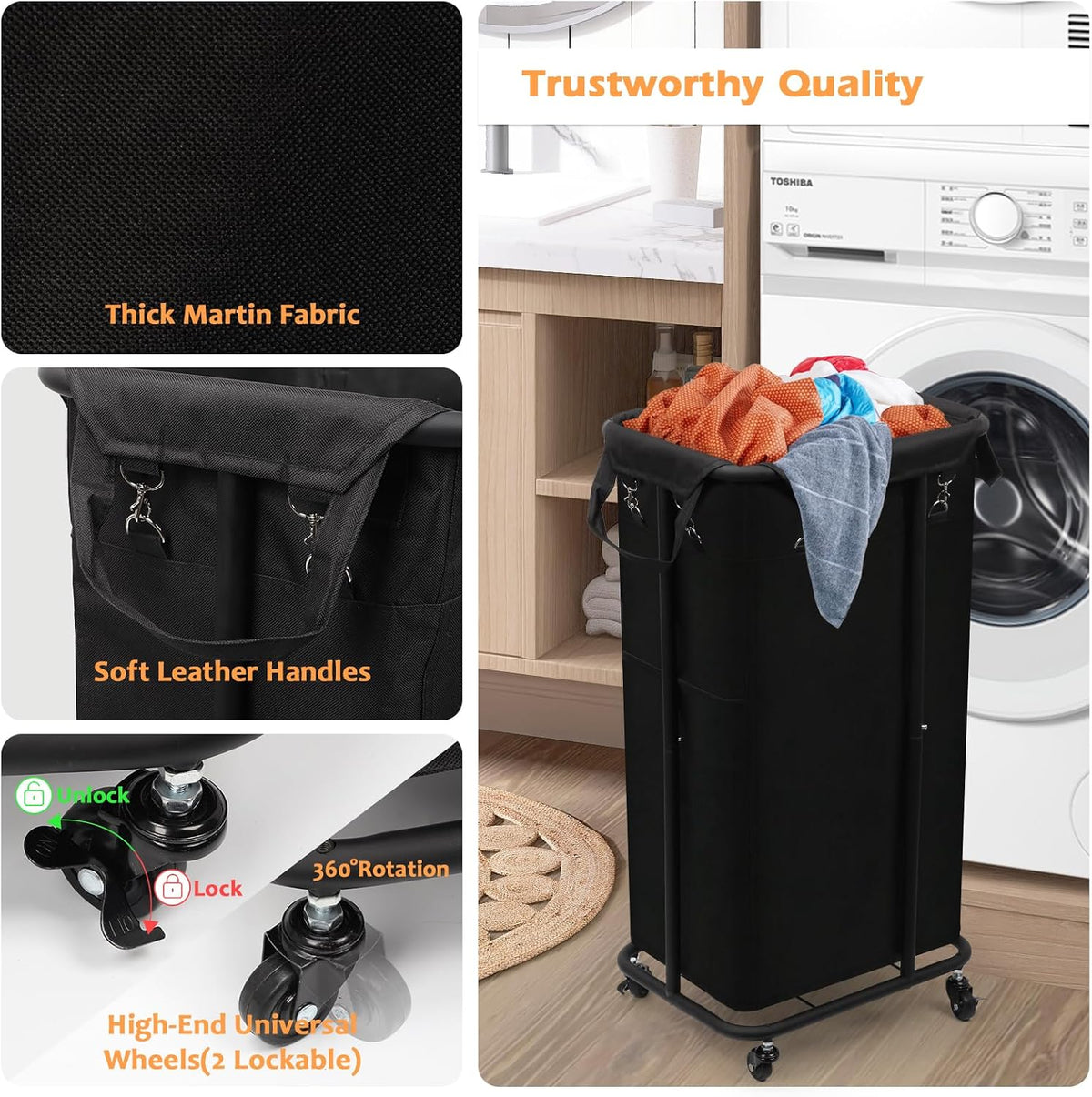 180L Laundry Basket with Wheels, Rolling Laundry Basket with Removable Bag and Metal Frame,Large Tall Laundry Hamper for Bedroom,Laundry Room,Hotel Laundry Organization(Black)