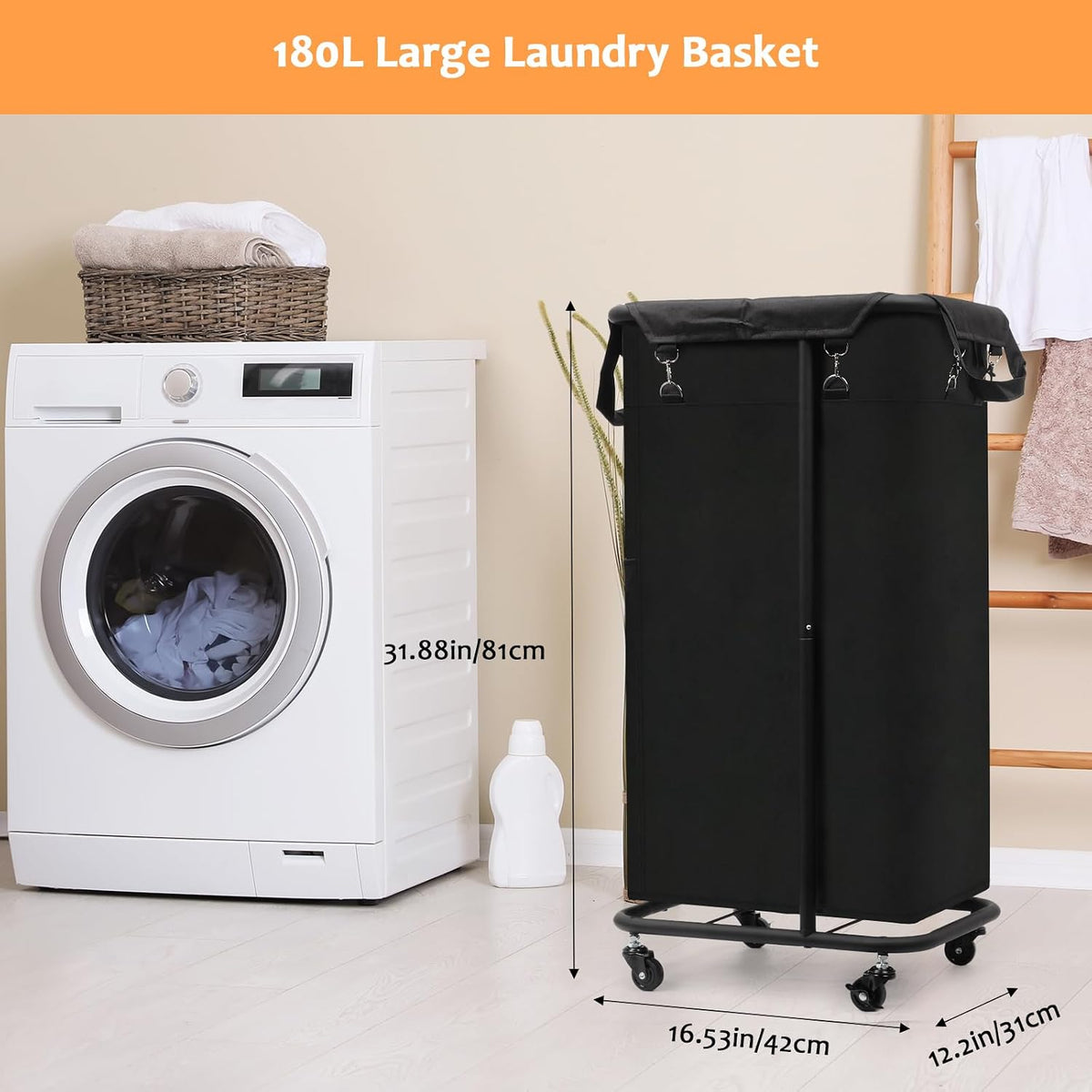 180L Laundry Basket with Wheels, Rolling Laundry Basket with Removable Bag and Metal Frame,Large Tall Laundry Hamper for Bedroom,Laundry Room,Hotel Laundry Organization(Black)