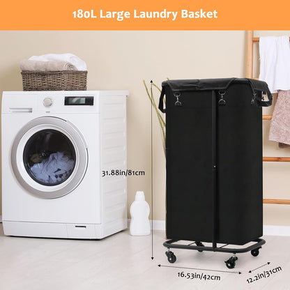 180L Laundry Basket with Wheels, Rolling Laundry Basket with Removable Bag and Metal Frame,Large Tall Laundry Hamper for Bedroom,Laundry Room,Hotel Laundry Organization(Black)