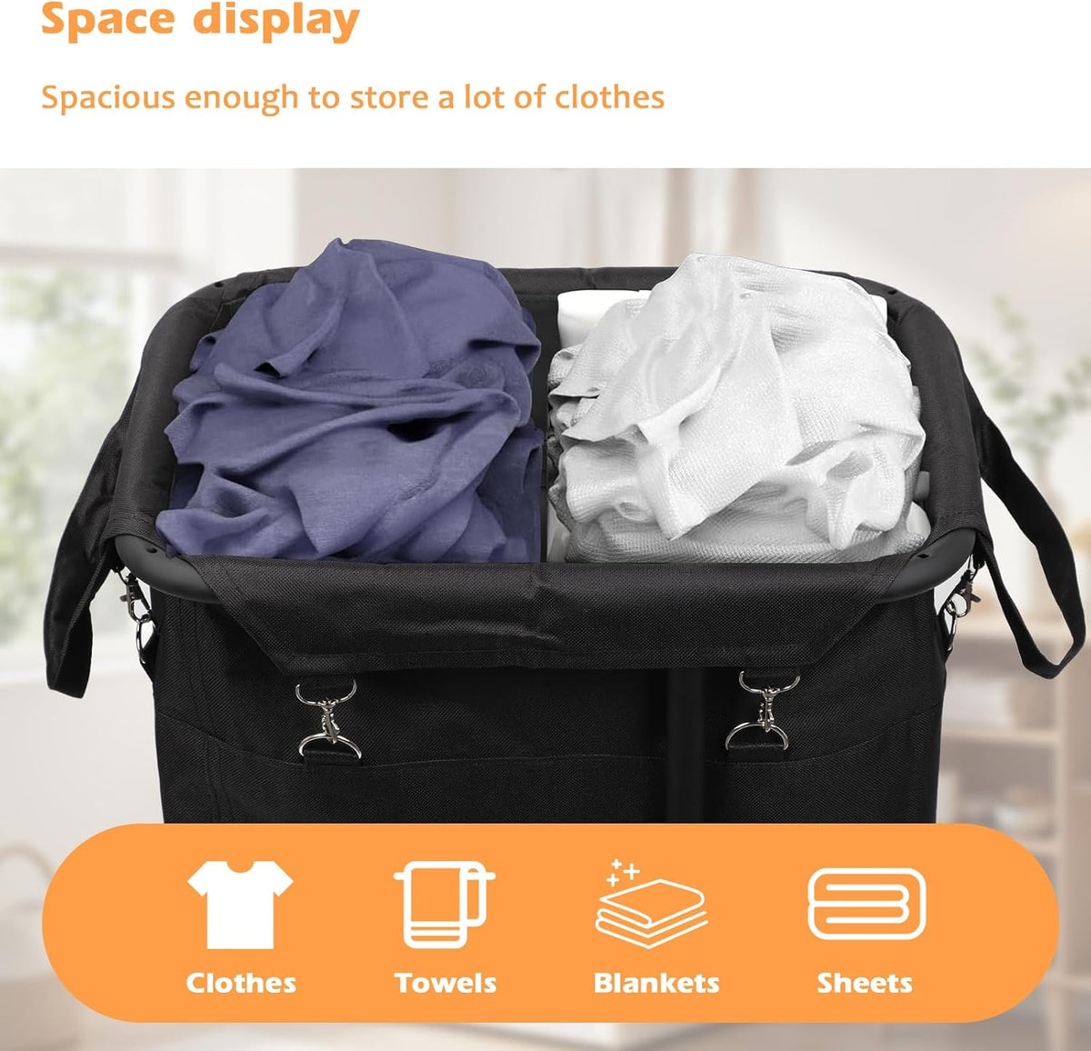 180L Laundry Basket with Wheels, Rolling Laundry Basket with Removable Bag and Metal Frame,Large Tall Laundry Hamper for Bedroom,Laundry Room,Hotel Laundry Organization(Black)