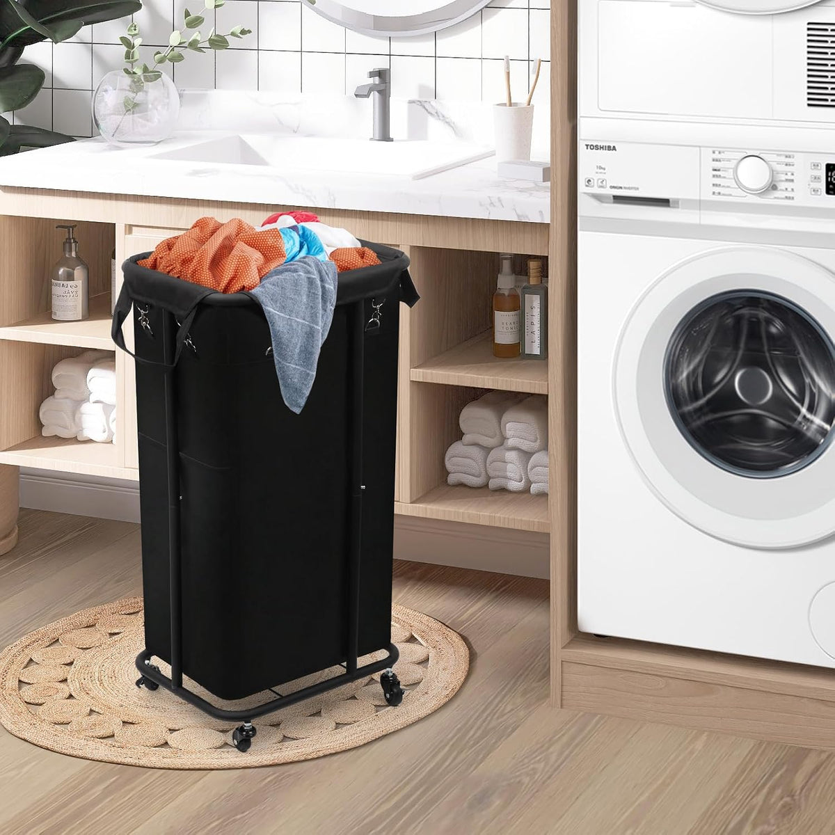 180L Laundry Basket with Wheels, Rolling Laundry Basket with Removable Bag and Metal Frame,Large Tall Laundry Hamper for Bedroom,Laundry Room,Hotel Laundry Organization(Black)