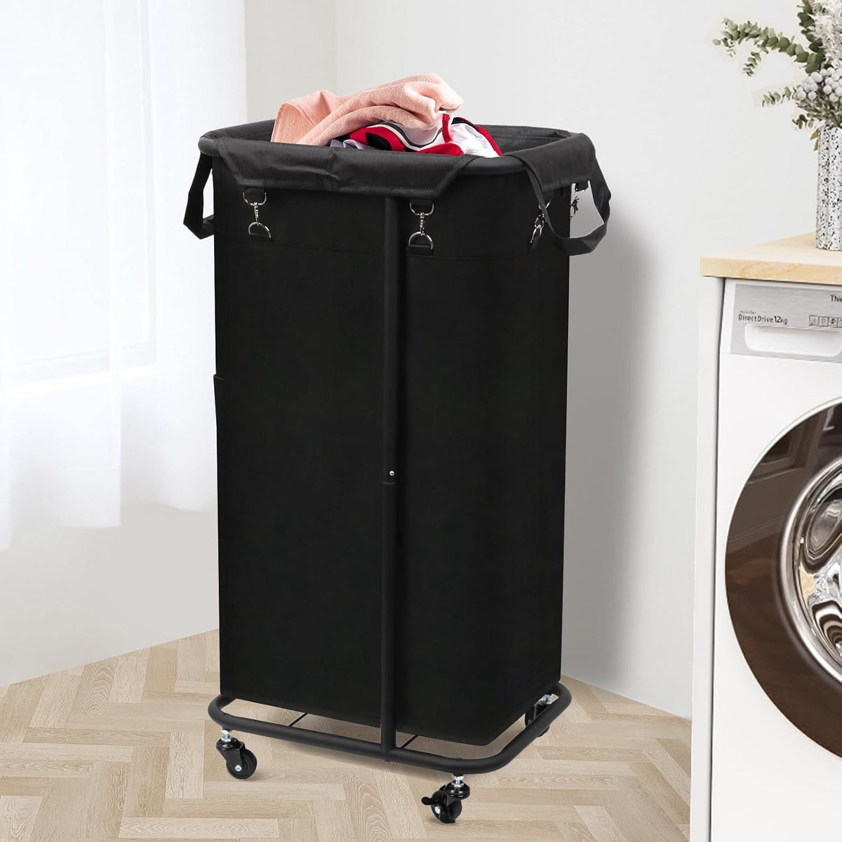 180L Laundry Basket with Wheels, Rolling Laundry Basket with Removable Bag and Metal Frame,Large Tall Laundry Hamper for Bedroom,Laundry Room,Hotel Laundry Organization(Black)