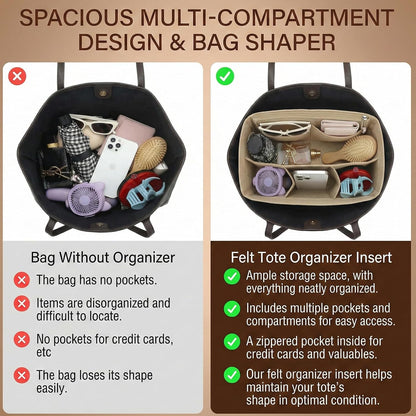 Felt Purse Organizer Insert for Tote Bags, Bag Insert for Handbags fit Neverfull MM, bag charm for tote bags,Compatible with Most Totes & Designer Bags, Medium Beige
