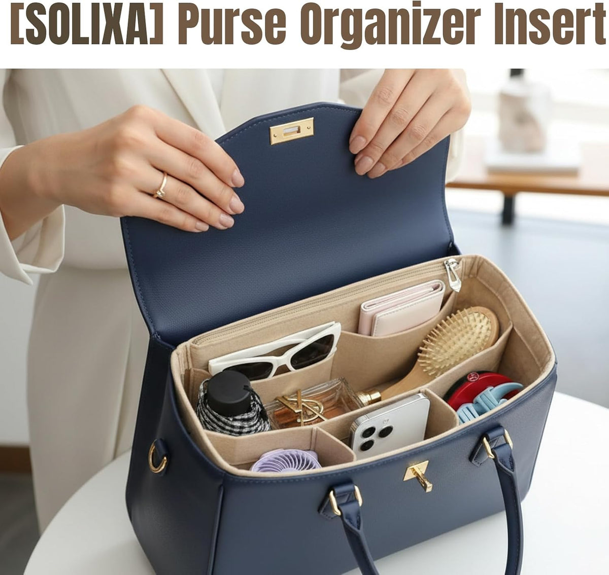 Felt Purse Organizer Insert for Tote Bags, Bag Insert for Handbags fit Neverfull MM, bag charm for tote bags,Compatible with Most Totes & Designer Bags, Medium Beige