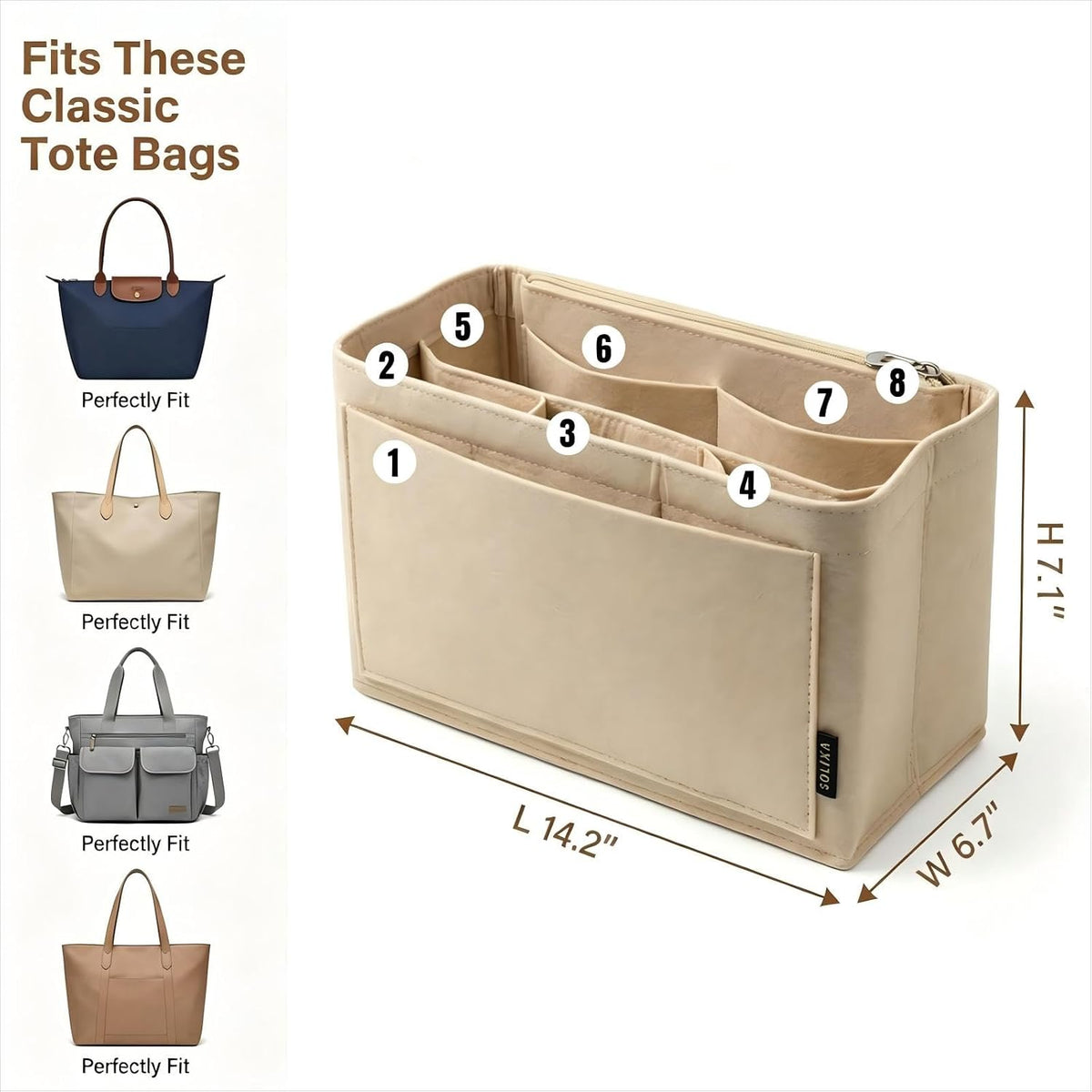 Felt Purse Organizer Insert for Tote Bags, Bag Insert for Handbags fit Neverfull MM, bag charm for tote bags,Compatible with Most Totes & Designer Bags, Medium Beige