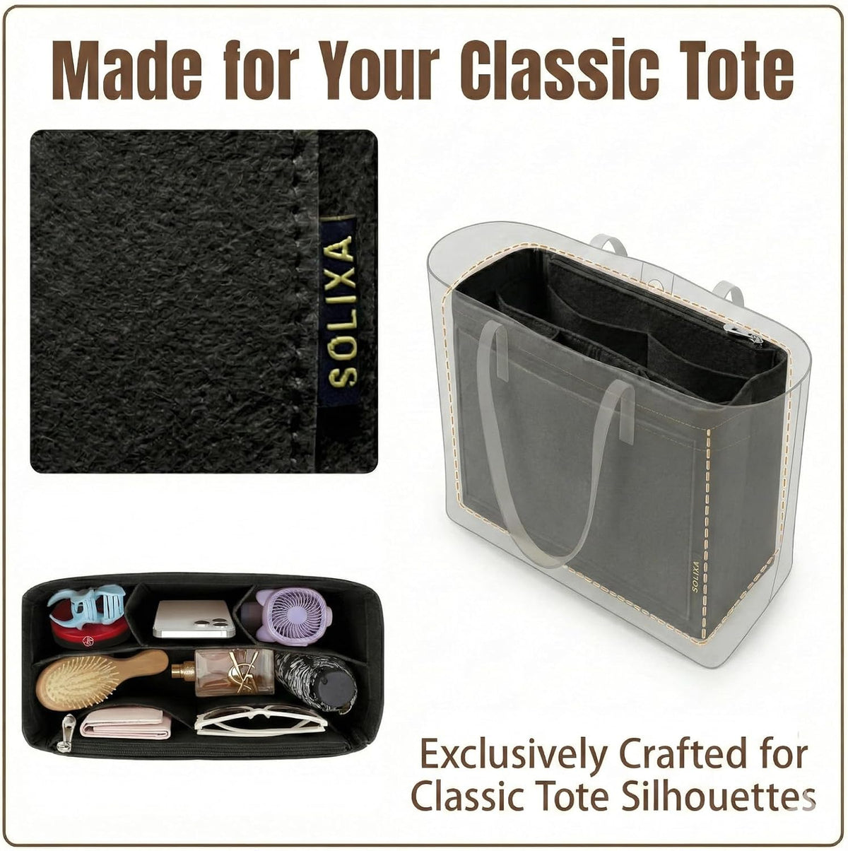Felt Purse Organizer Insert for Tote Bags, Bag Insert for Handbags fit Neverfull MM, bag charm for tote bags,Compatible with Most Totes & Designer Bags, Medium Beige
