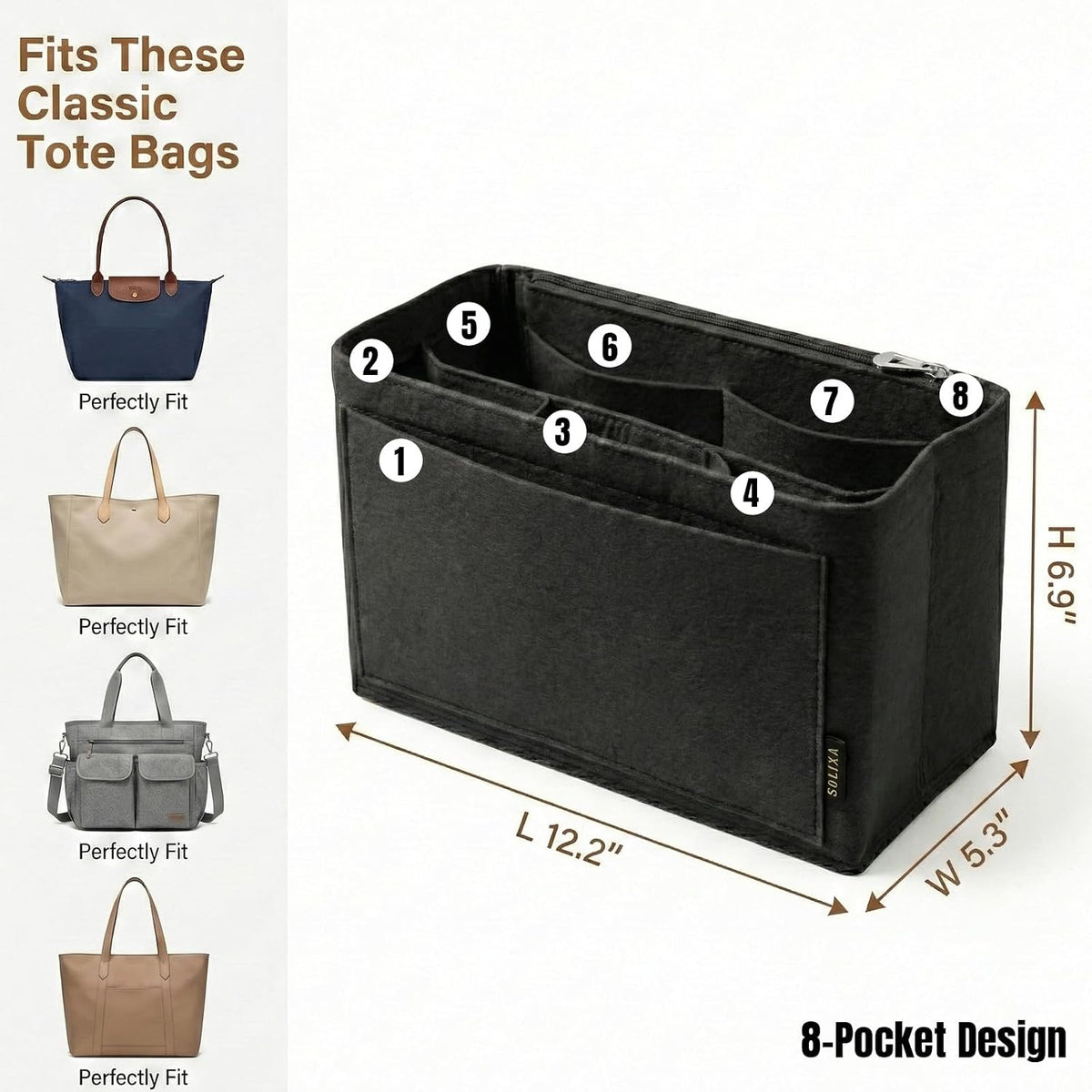 Felt Purse Organizer Insert for Tote Bags, Bag Insert for Handbags fit Neverfull MM, bag charm for tote bags,Compatible with Most Totes & Designer Bags, Medium Beige