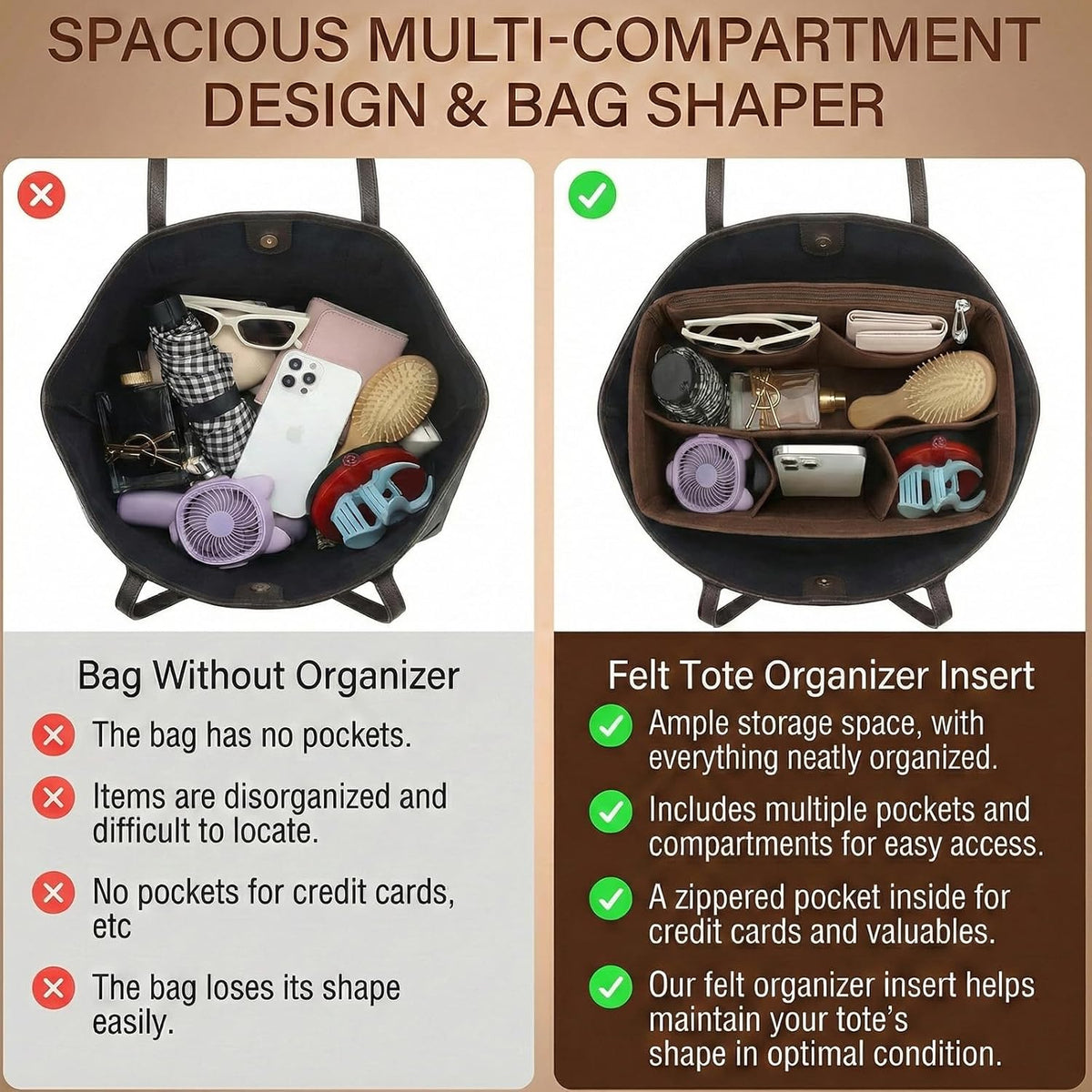 Felt Purse Organizer Insert for Tote Bags, Bag Insert for Handbags fit Neverfull MM, bag charm for tote bags,Compatible with Most Totes & Designer Bags, Medium Beige