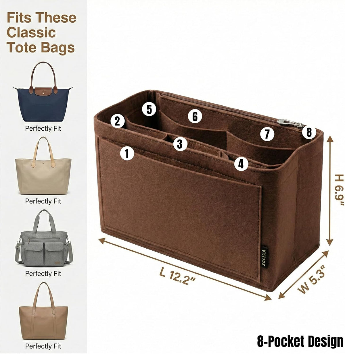 Felt Purse Organizer Insert for Tote Bags, Bag Insert for Handbags fit Neverfull MM, bag charm for tote bags,Compatible with Most Totes & Designer Bags, Medium Beige