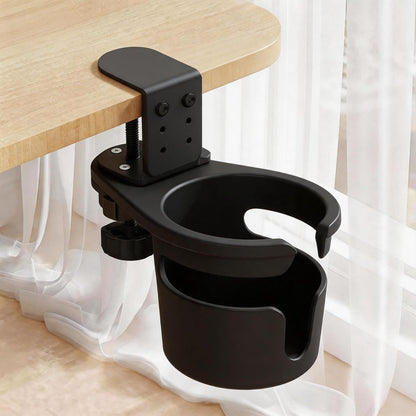 No Drill Desk Cup Holder Clamp, 360° Rotating Anti-Spill Table Cup Holder, Adjustable Clip on Cup Holder for Gaming Desk, Gamer Gift, Drink Holder for Coffee Cup, Office Accessories