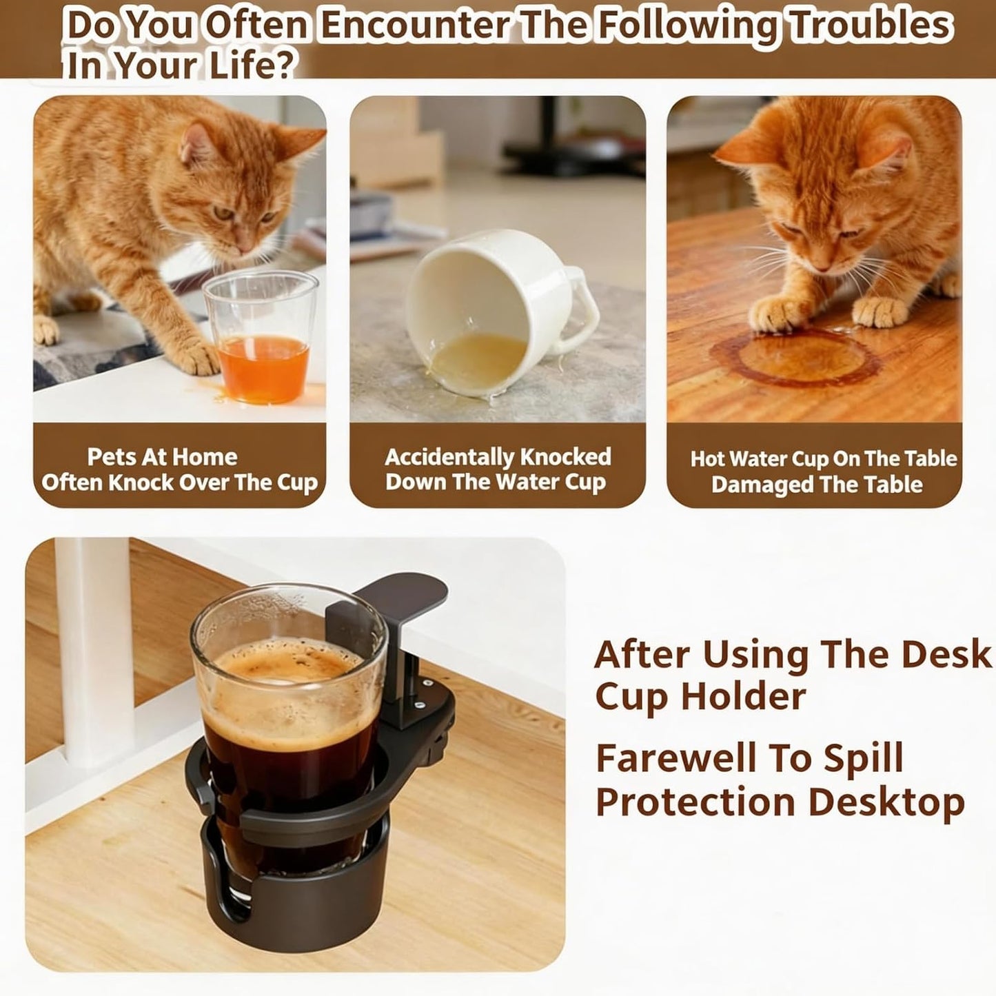 No Drill Desk Cup Holder Clamp, 360° Rotating Anti-Spill Table Cup Holder, Adjustable Clip on Cup Holder for Gaming Desk, Gamer Gift, Drink Holder for Coffee Cup, Office Accessories