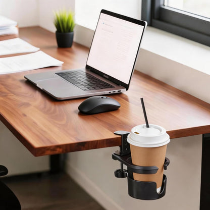 No Drill Desk Cup Holder Clamp, 360° Rotating Anti-Spill Table Cup Holder, Adjustable Clip on Cup Holder for Gaming Desk, Gamer Gift, Drink Holder for Coffee Cup, Office Accessories