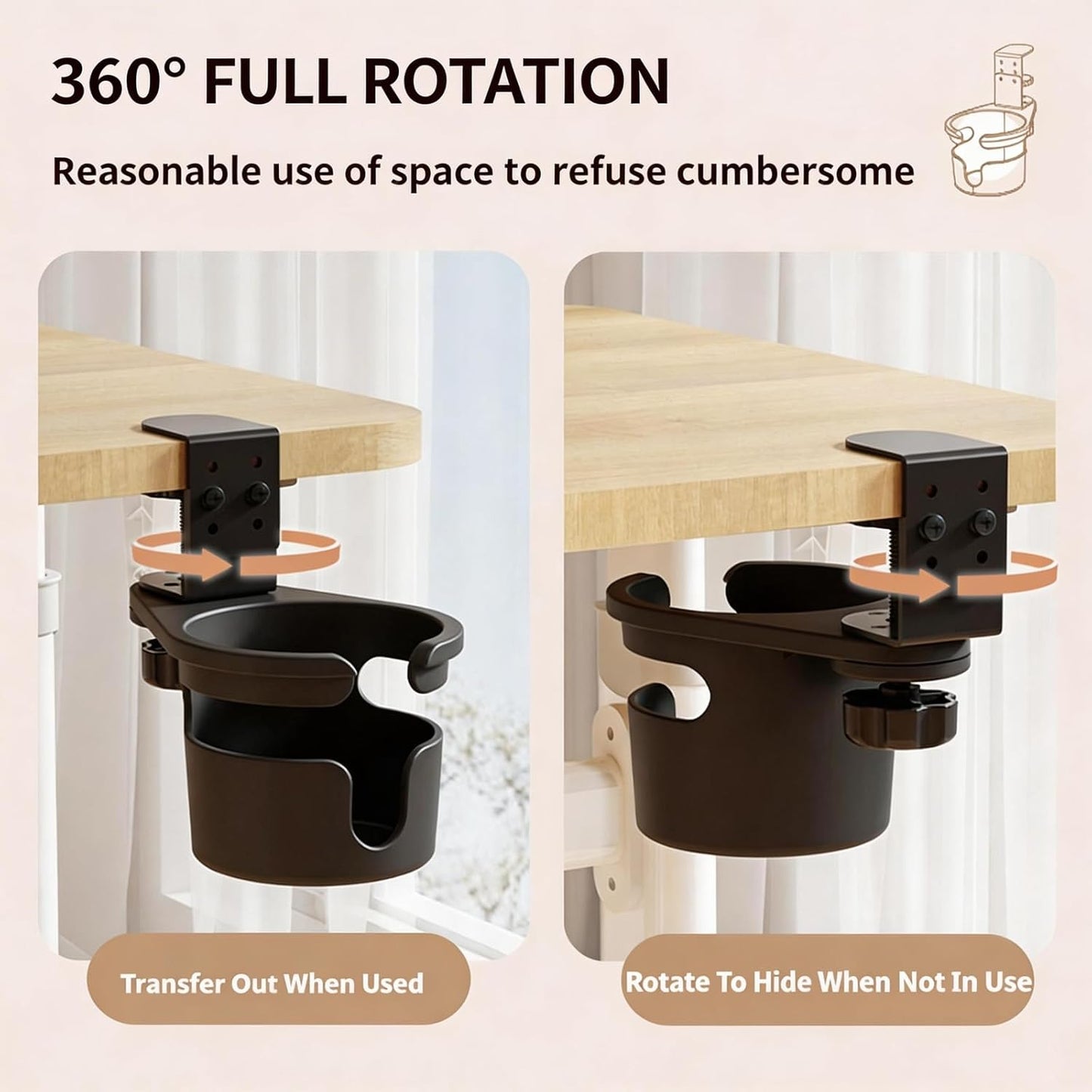 No Drill Desk Cup Holder Clamp, 360° Rotating Anti-Spill Table Cup Holder, Adjustable Clip on Cup Holder for Gaming Desk, Gamer Gift, Drink Holder for Coffee Cup, Office Accessories