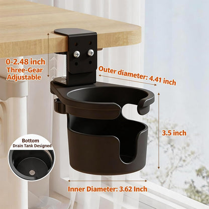 No Drill Desk Cup Holder Clamp, 360° Rotating Anti-Spill Table Cup Holder, Adjustable Clip on Cup Holder for Gaming Desk, Gamer Gift, Drink Holder for Coffee Cup, Office Accessories