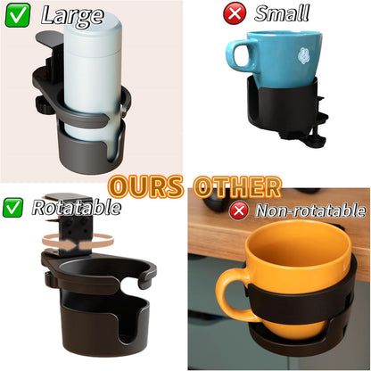 No Drill Desk Cup Holder Clamp, 360° Rotating Anti-Spill Table Cup Holder, Adjustable Clip on Cup Holder for Gaming Desk, Gamer Gift, Drink Holder for Coffee Cup, Office Accessories