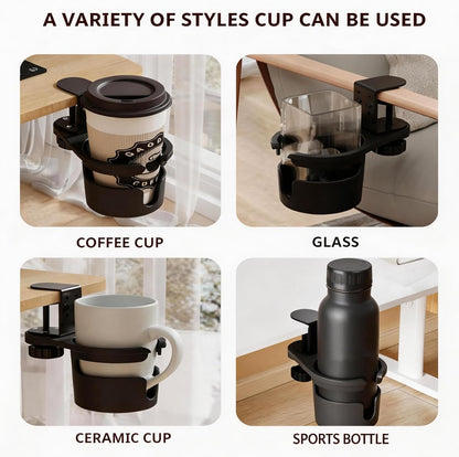 No Drill Desk Cup Holder Clamp, 360° Rotating Anti-Spill Table Cup Holder, Adjustable Clip on Cup Holder for Gaming Desk, Gamer Gift, Drink Holder for Coffee Cup, Office Accessories