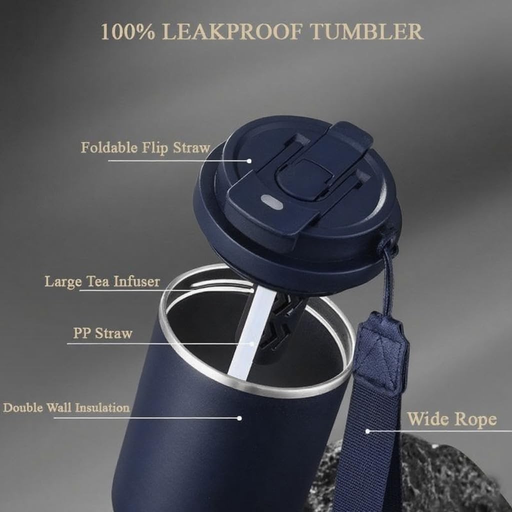 25 OZ Tumbler with Lid and Straw, Tumbler with Flip Straw, Stainless Steel Tumbler, Double Wall Vacuum Insulated Tumbler, Travel Coffee Mug with Strip, Insulated Coffee Mug, Navy