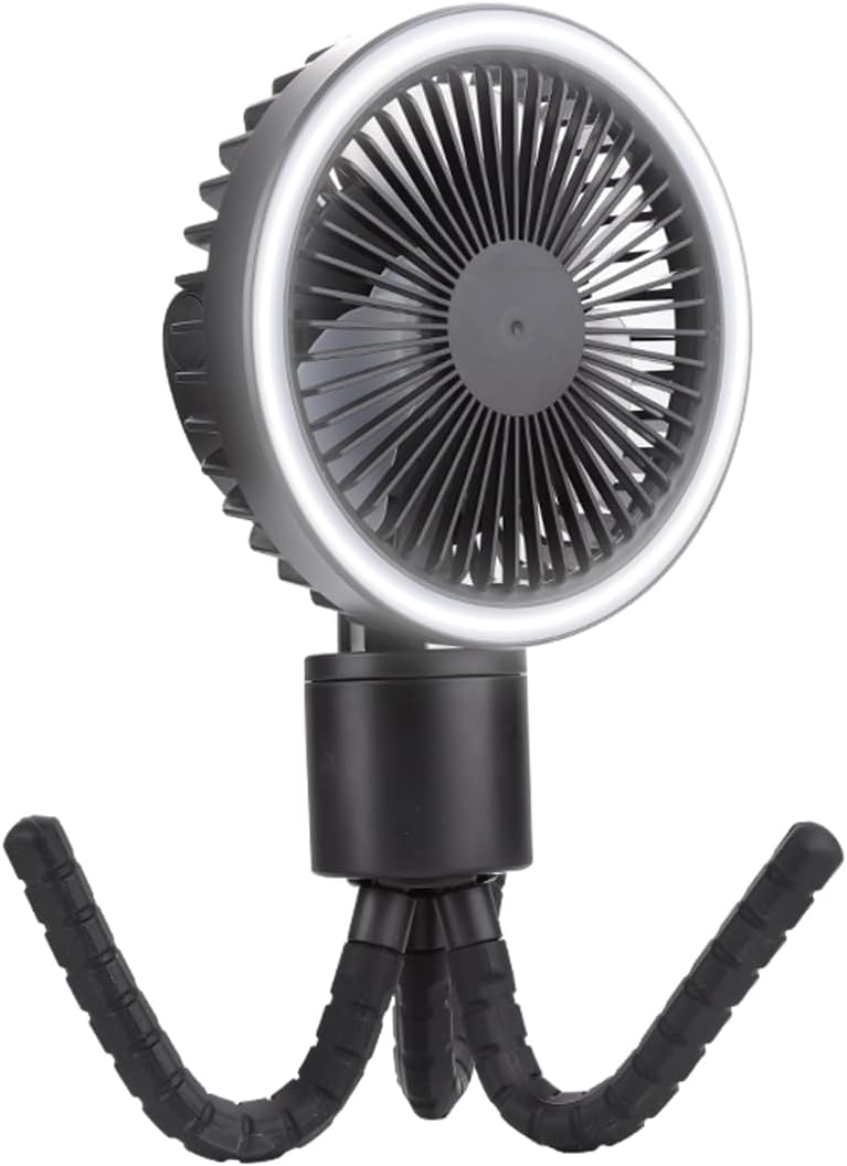 OCTOPUS stroller Fan with Flexible Tripod Clip on Auto Rotation LED Light USB C 4000mAh Rechargeable Battery 3 Speed and brightness adjustable Perfect for Baby Crib Golf Cart Treadmill Camping