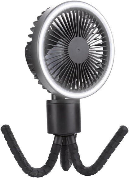 OCTOPUS stroller Fan with Flexible Tripod Clip on Auto Rotation LED Light USB C 4000mAh Rechargeable Battery 3 Speed and brightness adjustable Perfect for Baby Crib Golf Cart Treadmill Camping