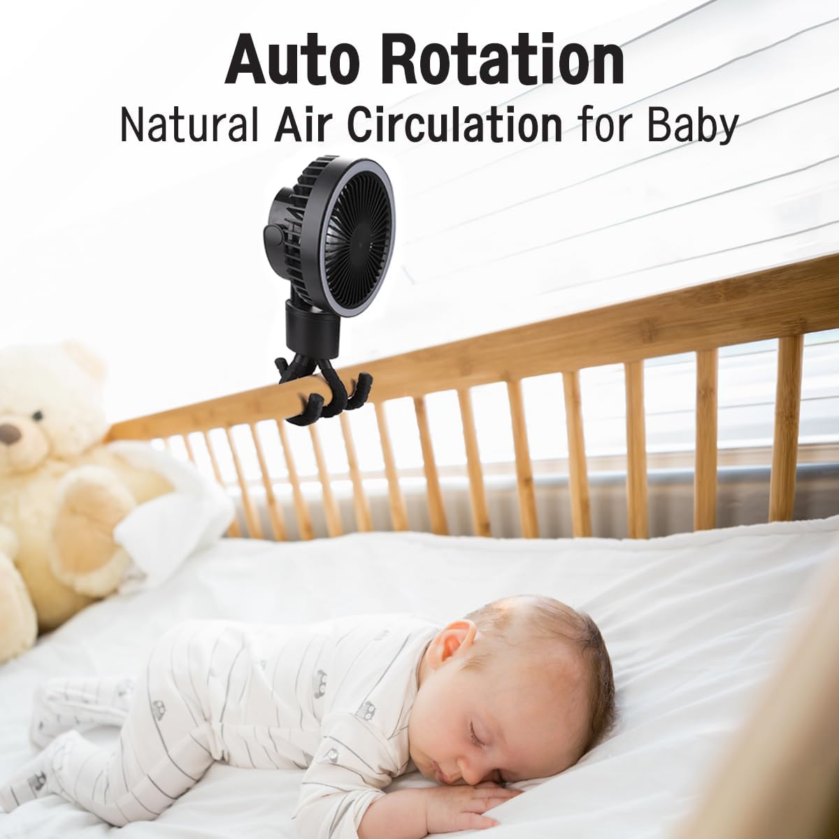 OCTOPUS stroller Fan with Flexible Tripod Clip on Auto Rotation LED Light USB C 4000mAh Rechargeable Battery 3 Speed and brightness adjustable Perfect for Baby Crib Golf Cart Treadmill Camping