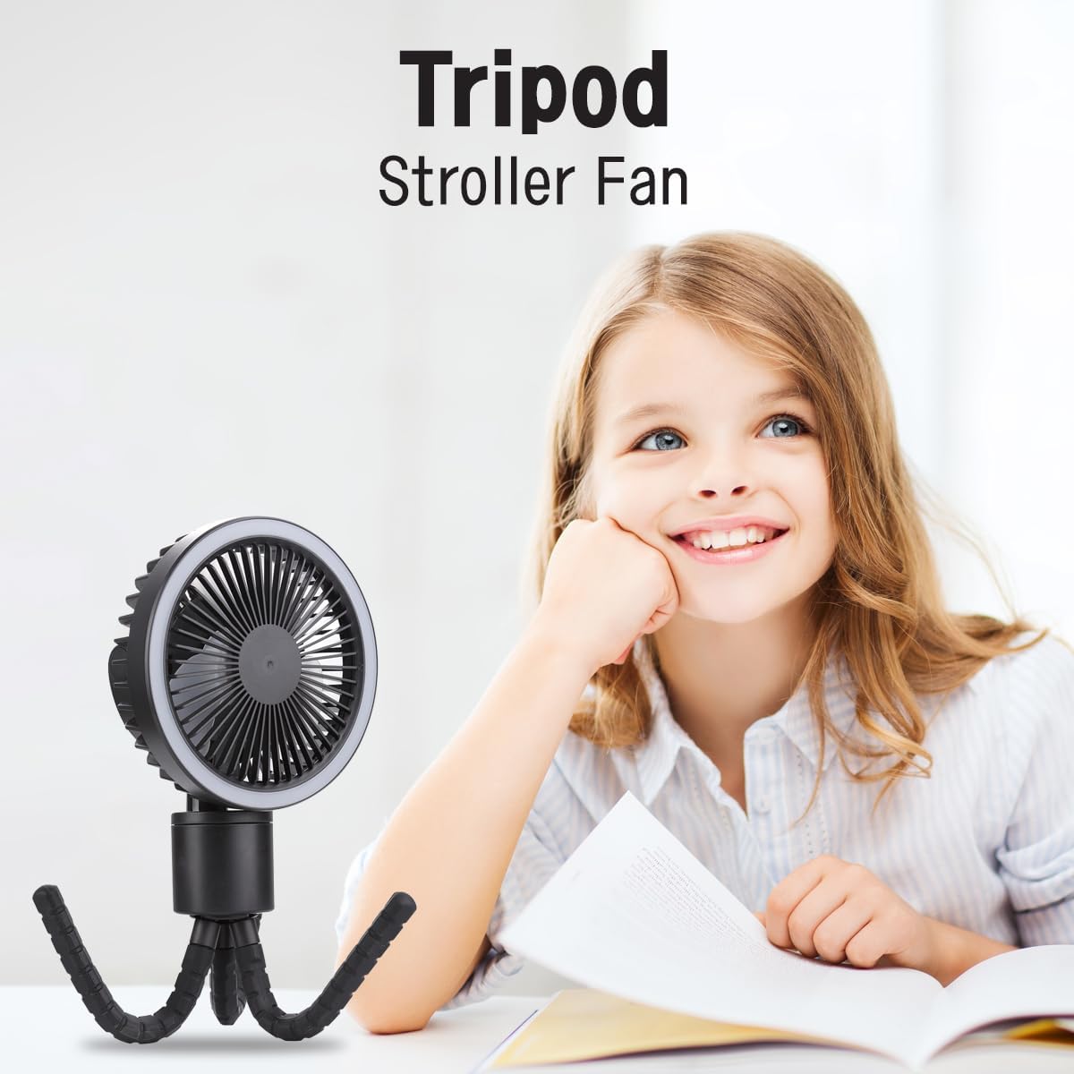 OCTOPUS stroller Fan with Flexible Tripod Clip on Auto Rotation LED Light USB C 4000mAh Rechargeable Battery 3 Speed and brightness adjustable Perfect for Baby Crib Golf Cart Treadmill Camping