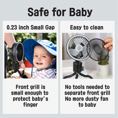 OCTOPUS stroller Fan with Flexible Tripod Clip on Auto Rotation LED Light USB C 4000mAh Rechargeable Battery 3 Speed and brightness adjustable Perfect for Baby Crib Golf Cart Treadmill Camping