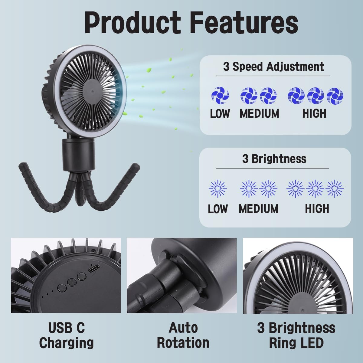 OCTOPUS stroller Fan with Flexible Tripod Clip on Auto Rotation LED Light USB C 4000mAh Rechargeable Battery 3 Speed and brightness adjustable Perfect for Baby Crib Golf Cart Treadmill Camping