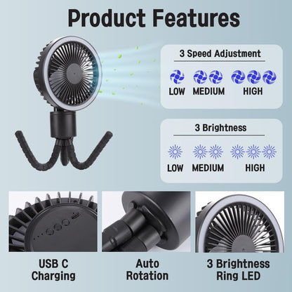 OCTOPUS stroller Fan with Flexible Tripod Clip on Auto Rotation LED Light USB C 4000mAh Rechargeable Battery 3 Speed and brightness adjustable Perfect for Baby Crib Golf Cart Treadmill Camping
