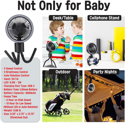 OCTOPUS stroller Fan with Flexible Tripod Clip on Auto Rotation LED Light USB C 4000mAh Rechargeable Battery 3 Speed and brightness adjustable Perfect for Baby Crib Golf Cart Treadmill Camping