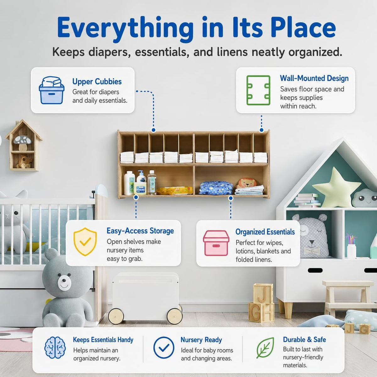 Diaper Storage Organizer, 100% Birch Plywood Wall Mount Diaper Caddy for Nursery, Daycare, Schools