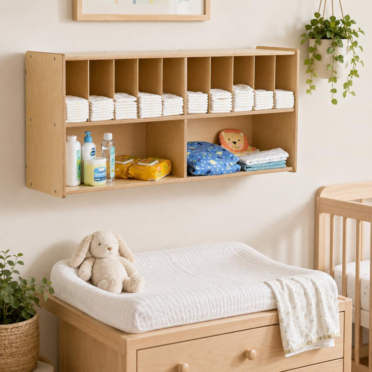 Diaper Storage Organizer, 100% Birch Plywood Wall Mount Diaper Caddy for Nursery, Daycare, Schools