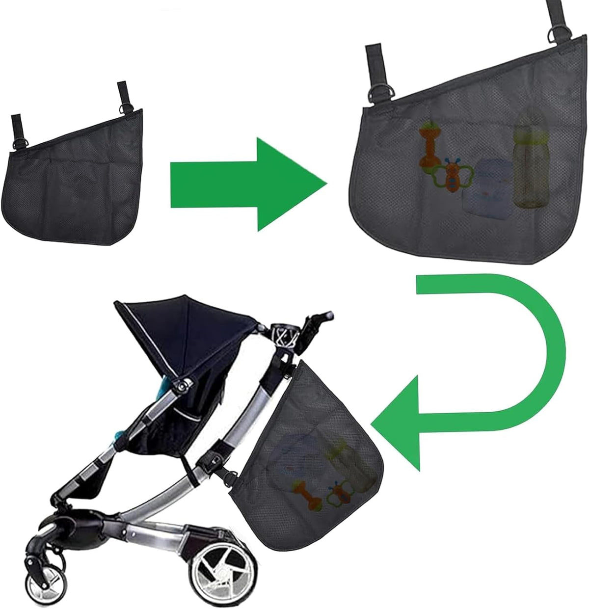 2 Pack Universal Side Sling Stroller Mesh Cargo Net with Non-Slip and Adjustable Straps Side Sling Stroller Mesh Cargo Organizer for Extra Stroller Storage Space