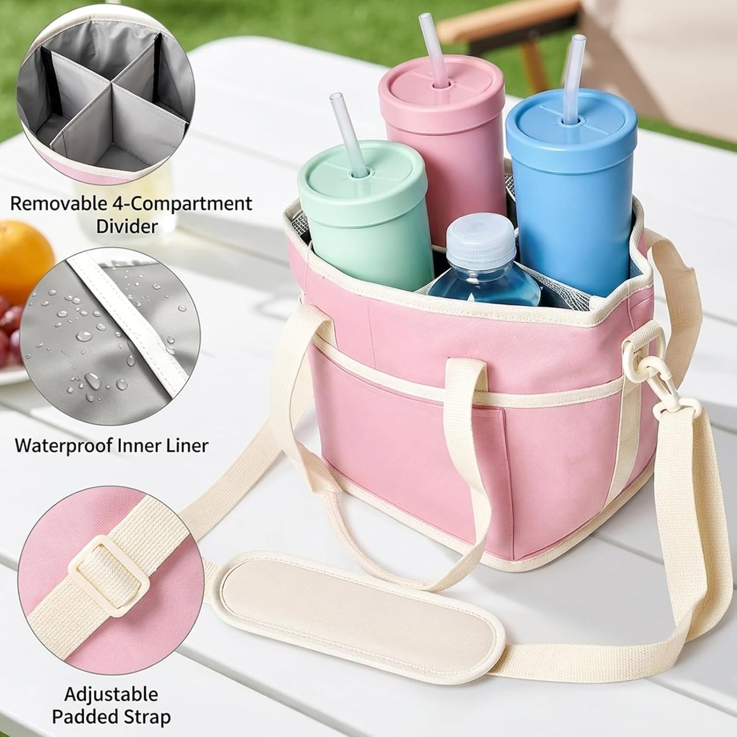 Insulated Drink Carrier Bag, 4 Compartment Insulated Drink Carrier Holder Bag, Water Bottle Holder with Adjustable Strap Tote for Coffee, Travel, Outings