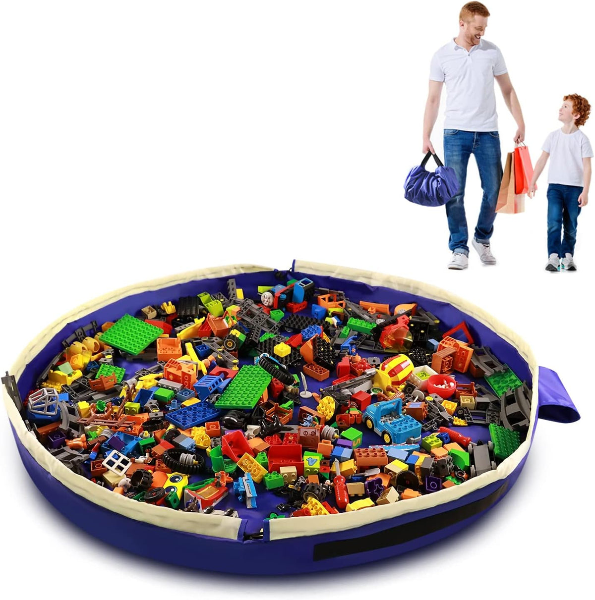 Toy Storage Mat Bag by Drawstring for Lego - Play Mat Bag Toy Storage Container for Kids with Cap can as Gift（ Blue 47inch ）