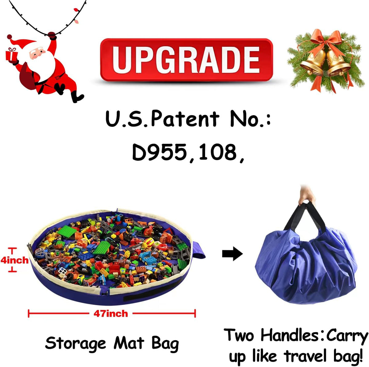 Toy Storage Mat Bag by Drawstring for Lego - Play Mat Bag Toy Storage Container for Kids with Cap can as Gift（ Blue 47inch ）