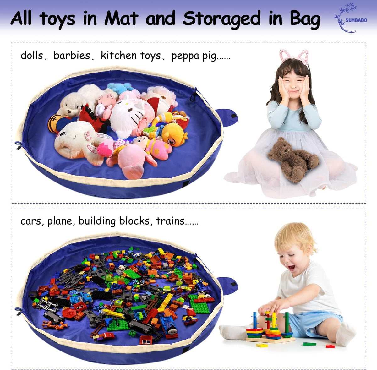 Toy Storage Mat Bag by Drawstring for Lego - Play Mat Bag Toy Storage Container for Kids with Cap can as Gift（ Blue 47inch ）